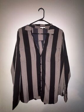 Maurices Black and Cream Vertical Stripe Button-Up Blouse